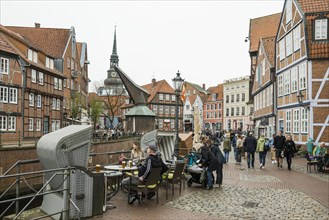 Half-timbered houses and restaurants in the old town, Buxtehude, Altes Land, Lower Saxony, Germany,