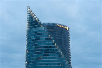 View of the Schwedbank headquarters on the western bank of the Daugava, Riga, Latvia, Europe