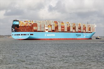 Ane Maersk container ship arriving at Port of Felixstowe, Suffolk, England, UK