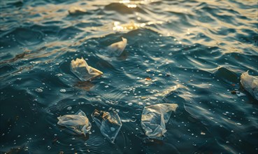 Plastic bags floating in the ocean water, environment and ecology AI generated