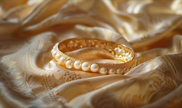 A pearl bangle bracelet with intricate detailing laid out on a smooth satin material background AI