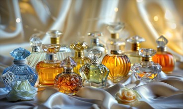 A collection of perfume bottles arranged on a satin material background AI generated