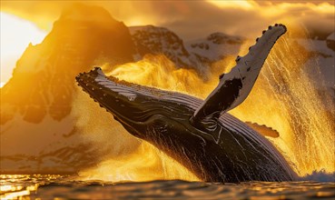 A breaching humpback whale captured in the golden light of sunrise AI generated