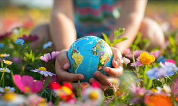 A child's hands gently supporting an Earth globe against a backdrop of colorful flowers AI
