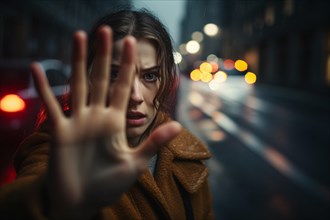 Young woman in city street at night holding up hand in defensive gesture. KI generiert, generiert,