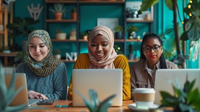 Multi-ethnic group of women colleagues with hijabs focusing on work in a modern office setting, ai