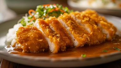 Crispy katsu on top of rice with Japanese curry and parsley garnish, AI generated