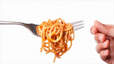 Close-up of a fork twirling spaghetti with tomato sauce against a white background, AI generated