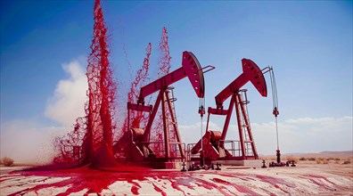 Oil rig pumping blood from the earth. Concept of earth resource exploitation and corporate greed,