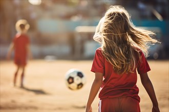 Young female child playing soccer, AI generated