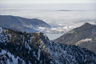 View of Schliersee and the foothills of the Alps in winter with snow, Mangfall mountains, Bavarian
