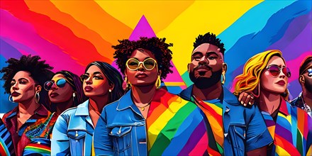 AI generated illustration of diverse individuals from the lgbt community in solidarity in pop art