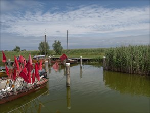 Boats with red flags lie in the water in front of a calm lake with reeds and green meadows, under a