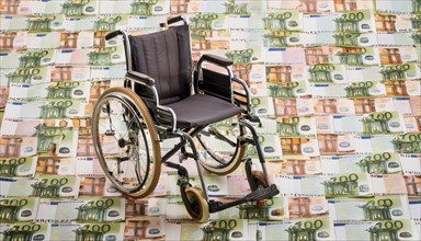 Symbolic long-term care insurance, care costs, disability, a wheelchair stands on a surface of euro