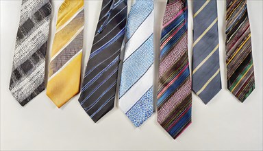 A variety of different coloured and patterned ties on a light background, AI generated, AI