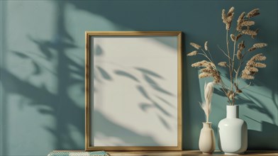 Empty frame against a green wall with dry plants and a vase in sunlight, AI generated