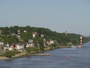 Houses and lighthouses along a wide river with green hills in the background, green bank at a river
