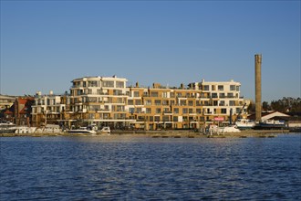 Modern apartment building on the harbour of Lake Mueritz, Waren, Mueritz, Mecklenburg Lake