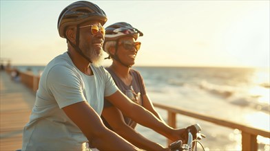 Happy african american couple wearing safety helmets riding bikes on the ocean boardwalk.