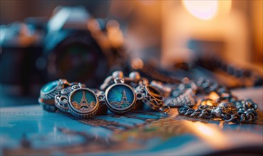 A charm bracelet featuring whimsical charms depicting travel destinations AI generated