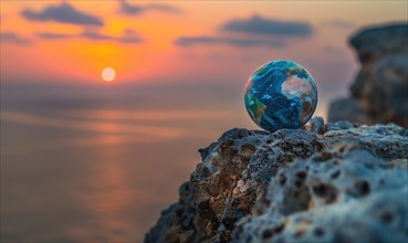 A photo capturing an Earth globe positioned on a rocky cliff with a breathtaking sunset sky in the