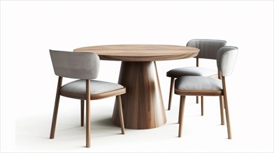 A round wooden table paired with modern grey upholstered chairs, AI generated
