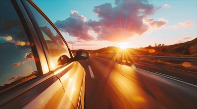 Low angle view of a modern luxury car on a road trip with a sunset in the background, AI generated