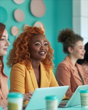 Diverse group of women engaged in a vibrant business meeting with laptops, AI generated