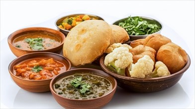 Assorted Indian dishes in pottery bowls served with fluffy naan bread, AI generated