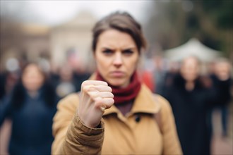 Anger, symbolic image, demonstration, Woman with raised fist, AI generated