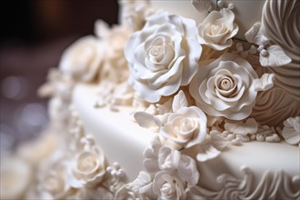 Close up of white sugar roses on wedding cake, AI generated