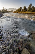 Rapids in the river, mountain landscape, morning light, Loisach, Alpine foothills, Bavaria,