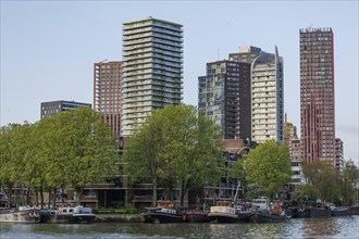 Modern high-rise buildings along a river, surrounded by green trees and boats, skyline of a modern