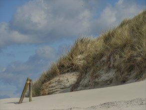 Close-up of sandy dunes with tufts of grass under a cloudy sky, dunes by the sea with clouds in the