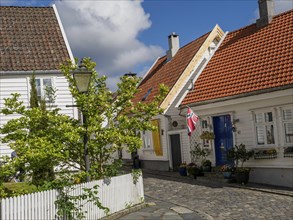 White houses with tiled roofs, lantern in front of plants and fence, cobblestone street under blue