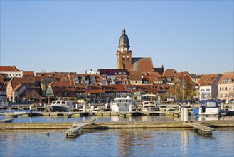 Town view with town harbour at Lake Mueritz, St. Marien, Waren, Mueritz, Mecklenburg Lake District,