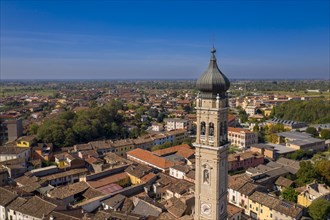 Aerial view of a historic town with prominent church and bell tower Carpenedolo (Brescia) Lombardy