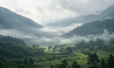 A misty mountain valley bathed in soft morning light AI generated