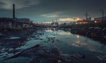 A polluted river surrounded by industrial buildings AI generated