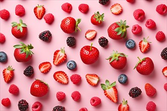 Top view of berry fruit mix on pink background. KI generiert, generiert, AI generated