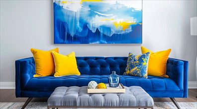 A blue couch with yellow pillows sits in front of a yellow wall. Modern luxury interior design, AI