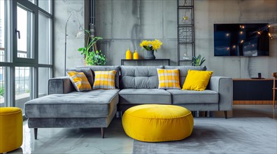 Modern living room in a condo or loft with modern trendy furniture a grey couch and yellow pillows,
