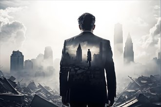 Silhouette of a businessman against a backdrop double exposure that reveals a destroyed cityscape,