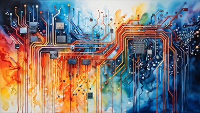 Illustration of abstract data stream cascades over a circuit board transforming into swirling