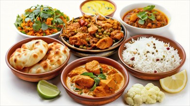 Vibrant Indian dishes in clay bowls with fresh garnishes, including naan and basmati rice, AI