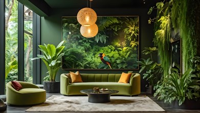 Luxury living room in a modern biophilic concept design with green sofa, AI generated