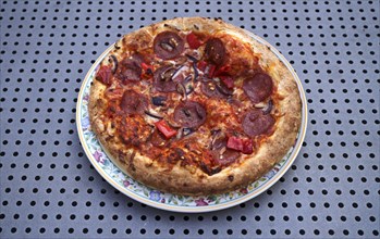 Pizza Diavolo, tomatoes, pepperoni, paprika, plate, table, from above, Stuttgart