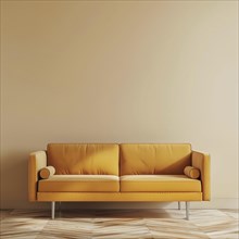Mustard fabric sofa isolated on empty room. AI generated