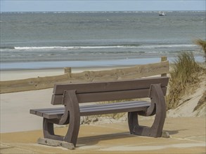 Wooden bench with a view of the sea, with dune grass and a wooden fence in the foreground, beach