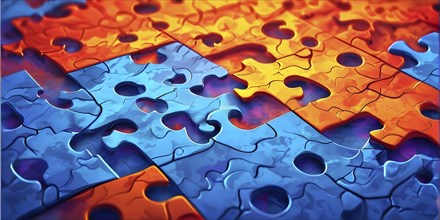 Illustration of scattered blue and orange puzzle pieces sprawled across as a wallpaper background,